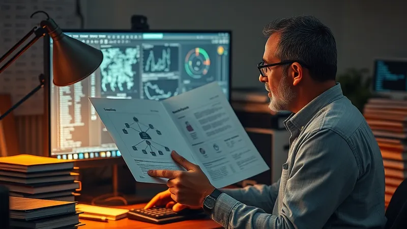 Escritorio de administración de sistemas en el back-office de una utility, con una pila de carpetas técnicas encuadernadas de configuración de roles junto a un monitor apagado, luz cálida de lámpara de escritorio, sin texto legible ni logotipos