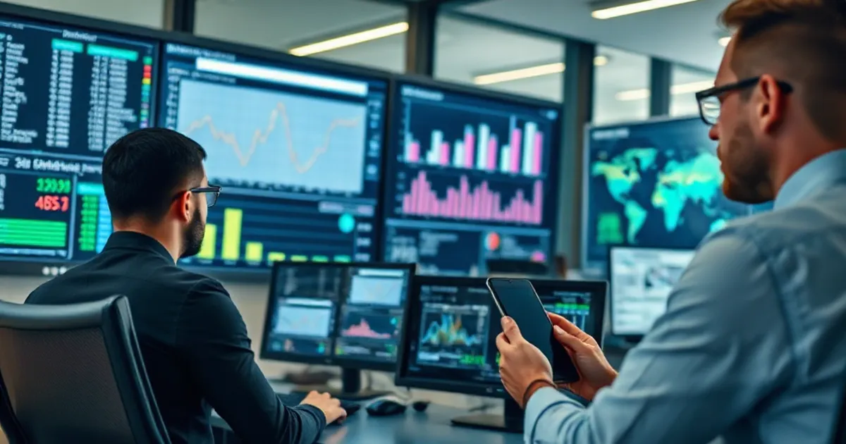 Profesionales de TI y finanzas analizando paneles de datos de licenciamiento y costos SAP en múltiples pantallas, evaluando la optimización de usuarios antes de migrar a RISE with SAP