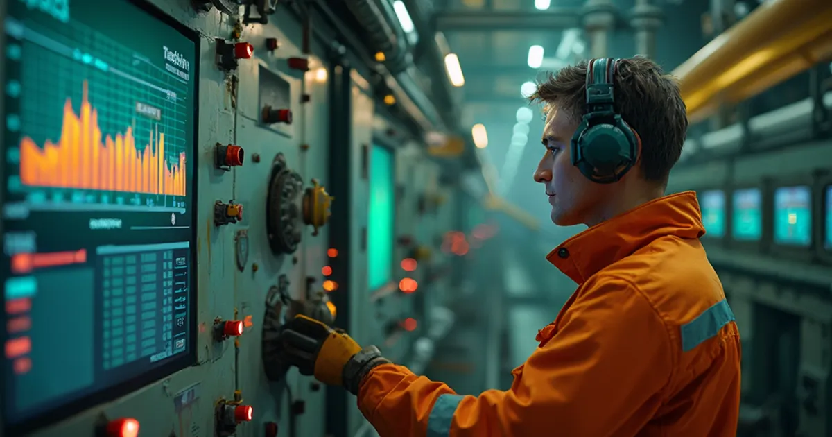 Operador con chaqueta naranja y protectores auditivos ajusta un tablero de control industrial junto a una pantalla con gráficos de operación, en una sala de máquinas.