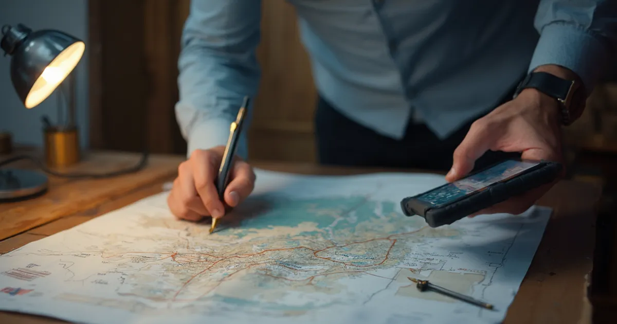 Analista GIS de una utility revisando un mapa impreso de la red de distribución con una brújula de latón y una tableta
