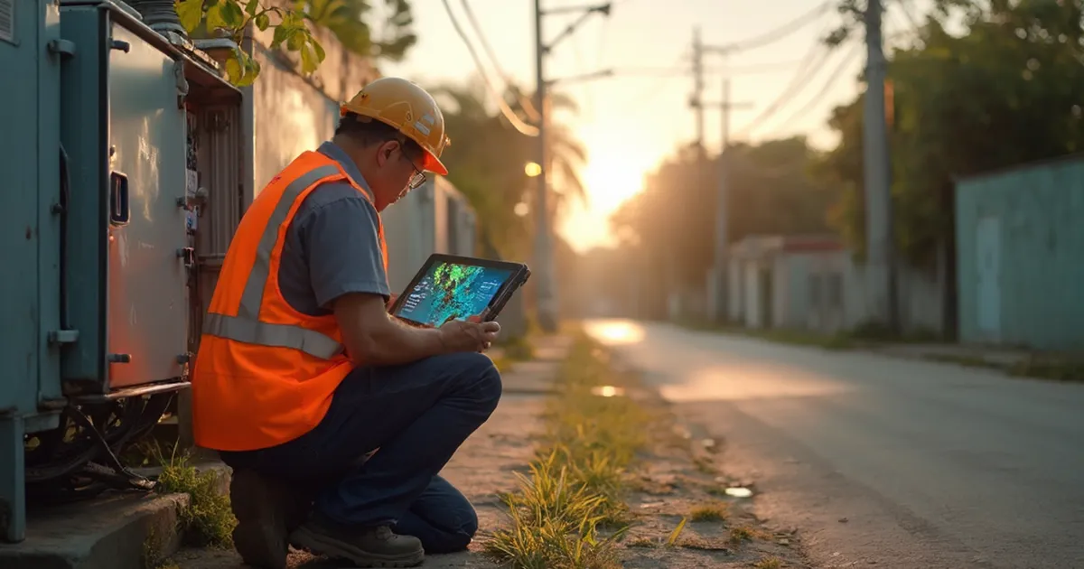 Ingeniero de distribución con chaleco reflectivo compara en una tablet el mapa de la red con un transformador de pedestal abierto en una calle