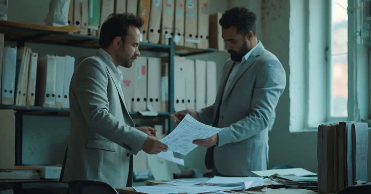 Dos personas del área de cumplimiento de una empresa de servicios petroleros revisan documentos y carpetas en un espacio de trabajo.