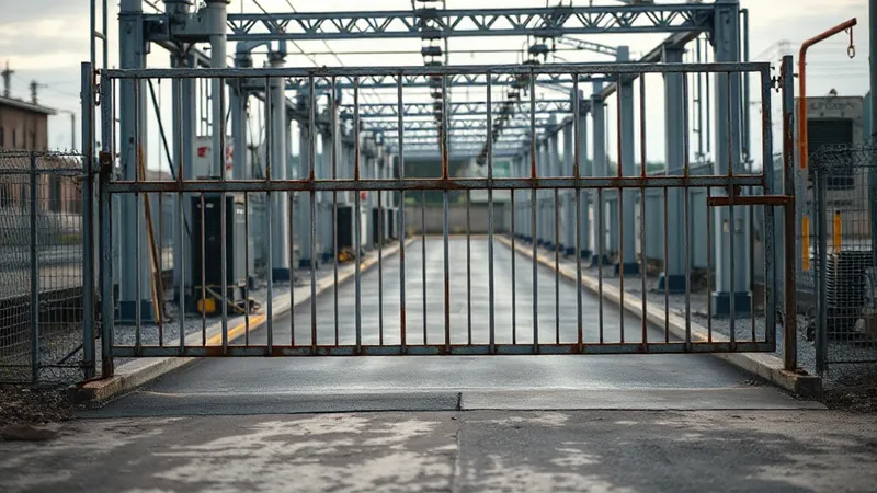 Barrera metálica tipo compuerta parcialmente elevada en el acceso a una subestación eléctrica
