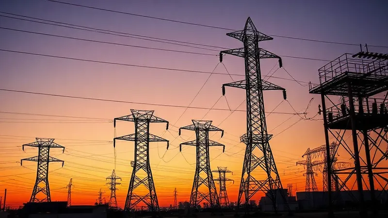 Subestación eléctrica al atardecer en una ciudad latinoamericana, con torres de transmisión de alta tensión y luces urbanas al fondo