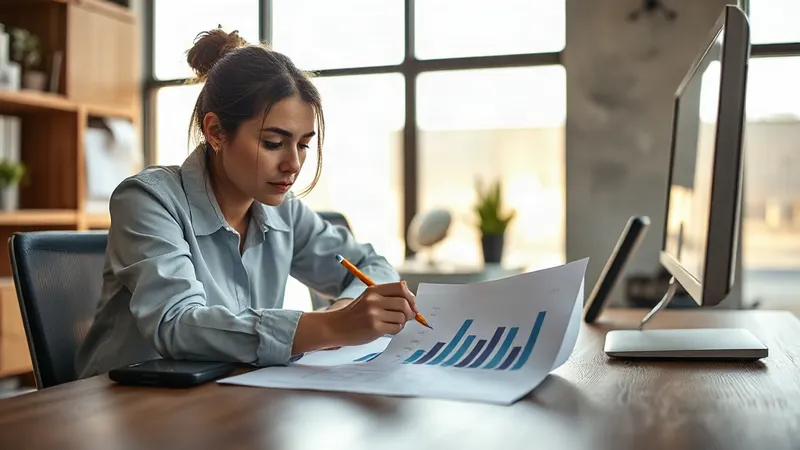 Analista de facturación de una distribuidora eléctrica revisa con un lápiz el gráfico impreso del consumo mensual de un hogar junto a una factura en papel.