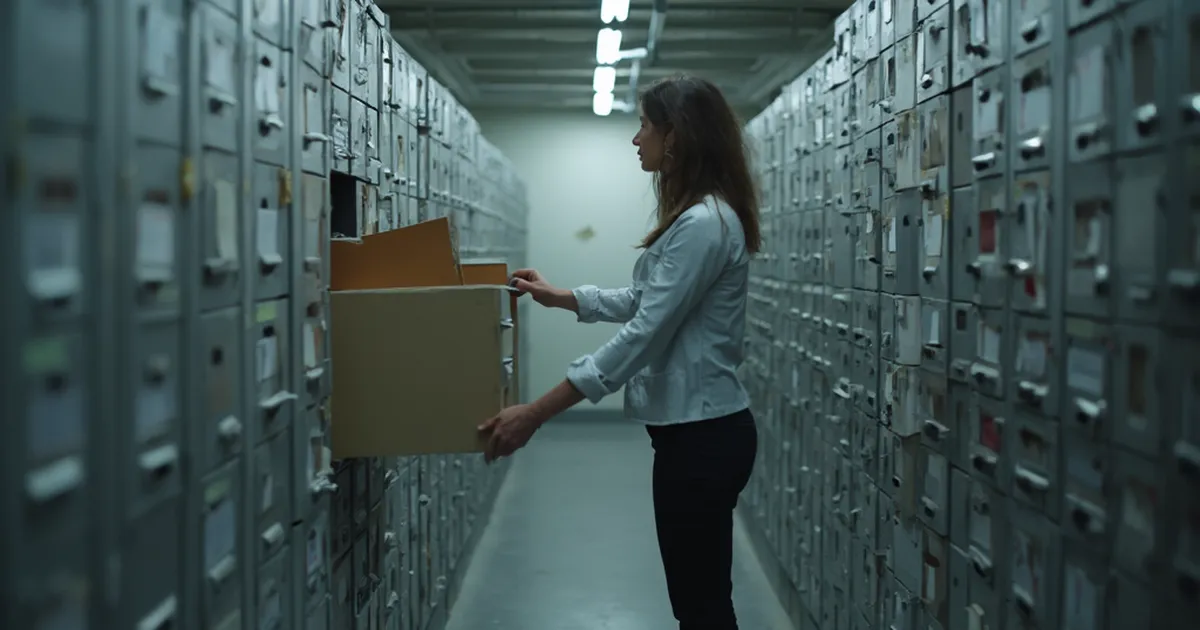 Custodia del archivo comercial de una distribuidora eléctrica saca una sola carpeta de un gabinete metálico y se la entrega a un analista de facturación.