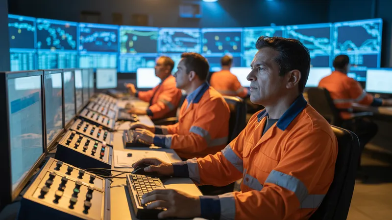 Operadores en sala de control de utilidad eléctrica latinoamericana monitoreando el grid en tiempo real, ilustrando la continuidad operativa crítica que condiciona los proyectos SAP en el sector.