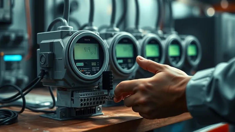 Manos de un técnico conectando un módulo de comunicación a un medidor eléctrico en un banco de pruebas, con otros modelos de medidores desenfocados al fondo.
