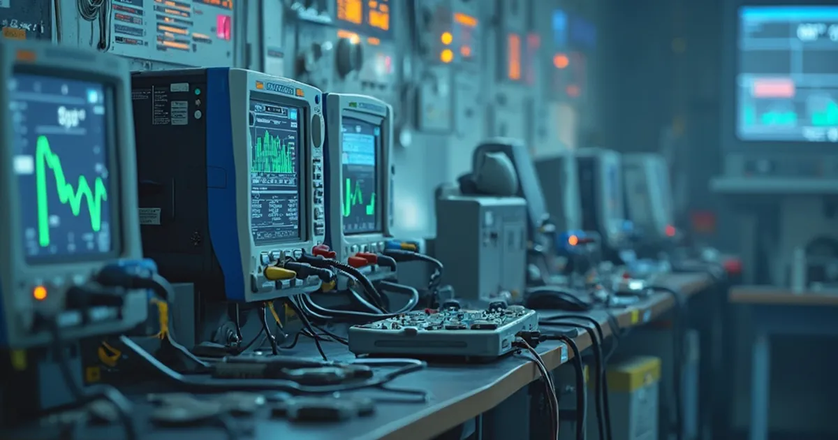 Banco de pruebas de laboratorio con tres modelos distintos de medidores eléctricos de diferentes marcas conectados a un mismo panel de comunicación