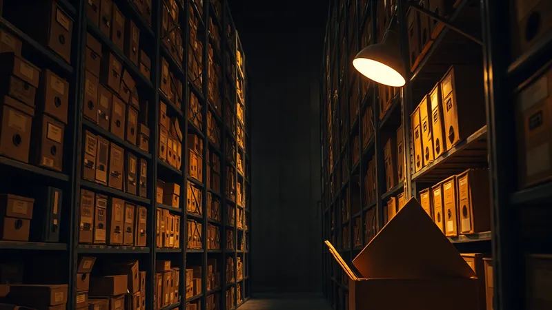 Sala de archivo con estantería metálica y cajas de documentos históricos en penumbra, iluminada por una lámpara de trabajo