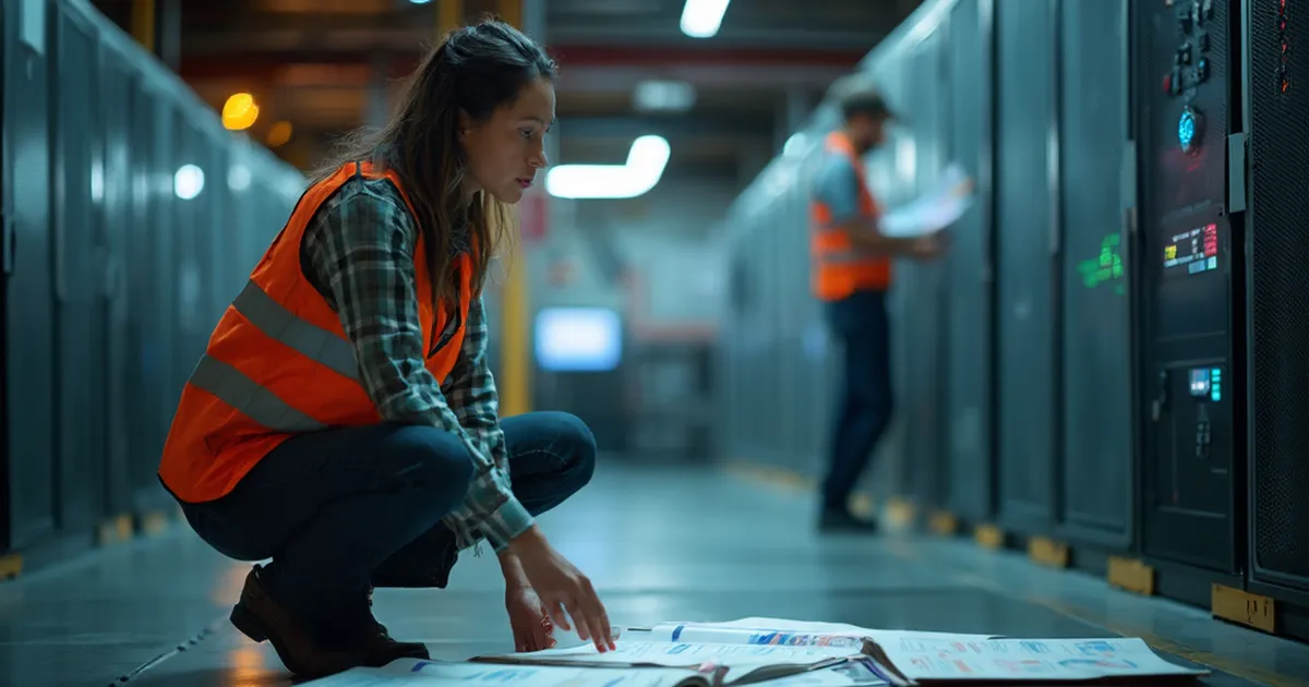 Arquitecta de TI de una distribuidora eléctrica revisa documentación técnica junto a un supervisor de medición en el piso de operaciones