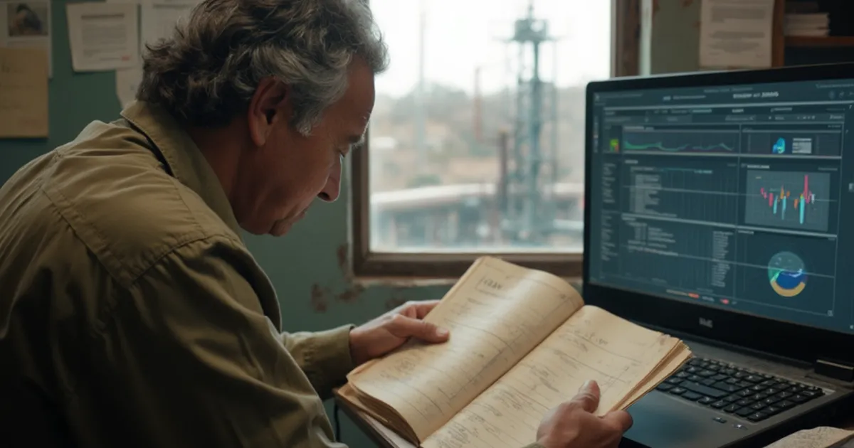 Una persona del área de producción compara un registro en papel con gráficas en una computadora portátil, en un espacio de trabajo.