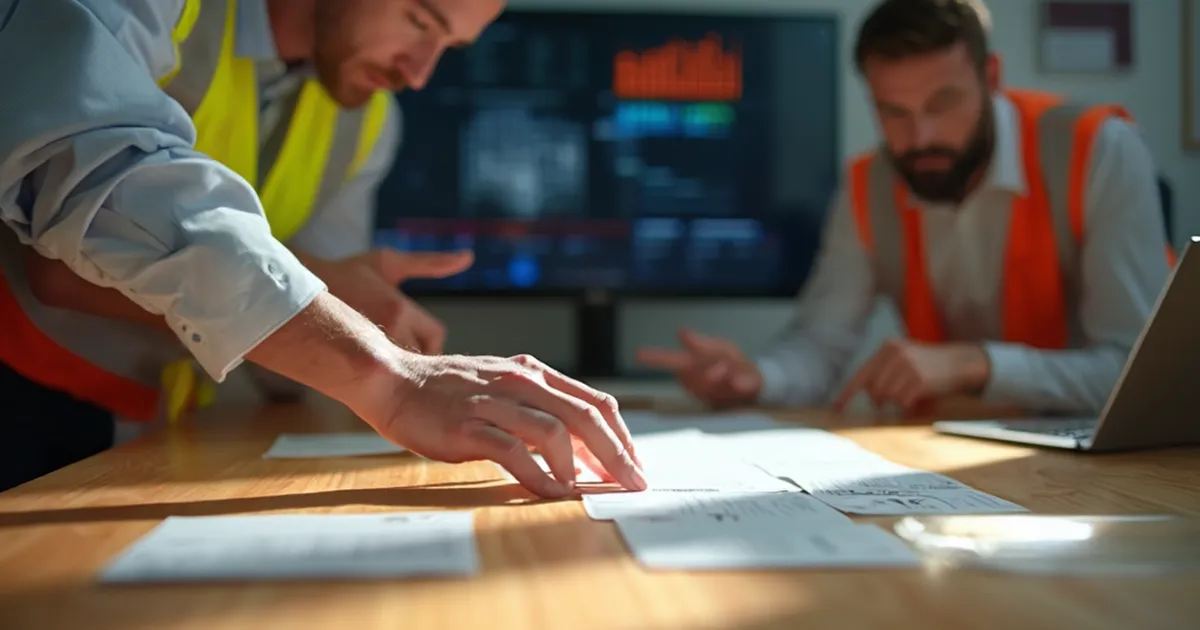 Arquitecta de TI de una distribuidora ordena tres tarjetas de decisión sobre una mesa de trabajo mientras dos colegas observan