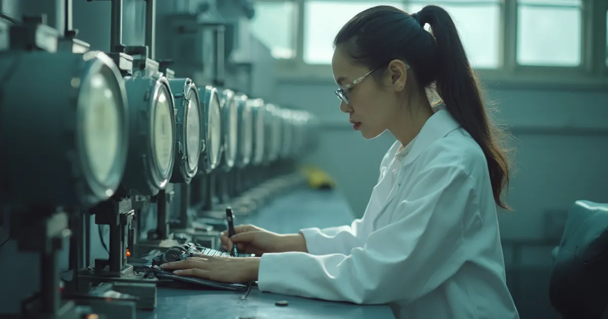 Una persona técnica de un laboratorio de medición conecta medidores eléctricos en un banco de pruebas.
