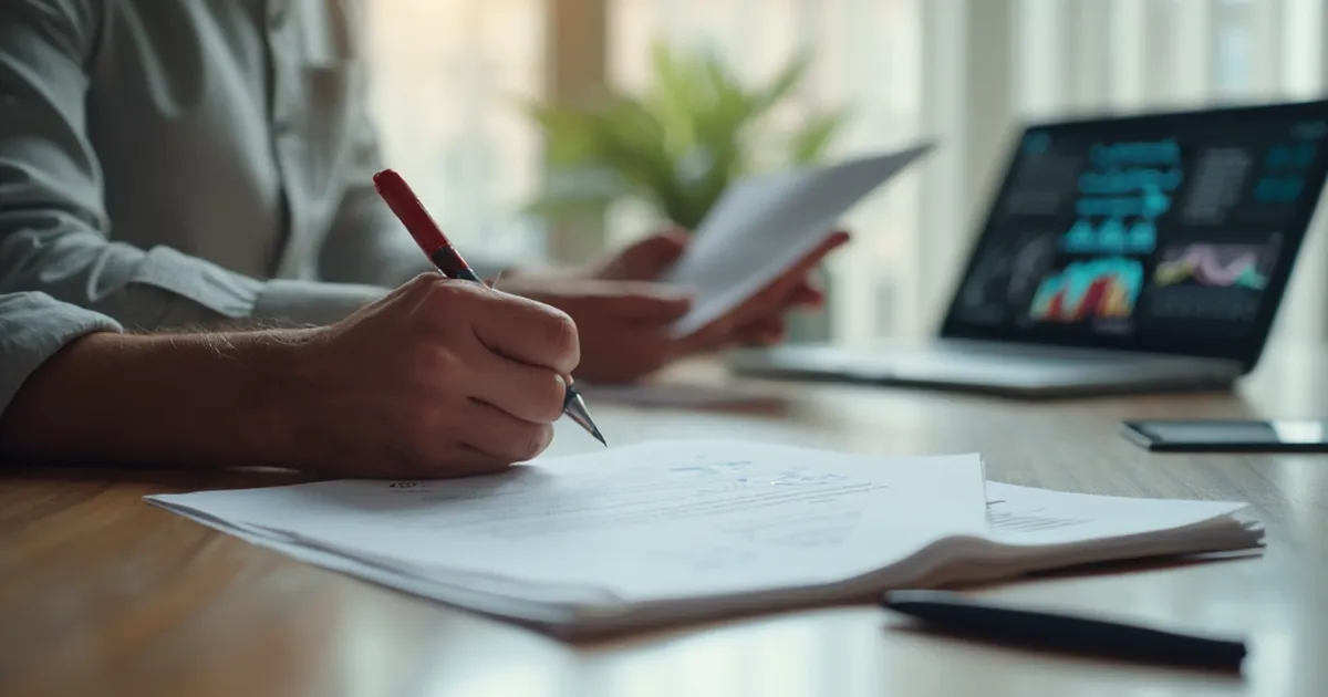 Una persona del área legal revisa y anota un contrato impreso mientras otra persona colabora con ella en el mismo espacio de trabajo.