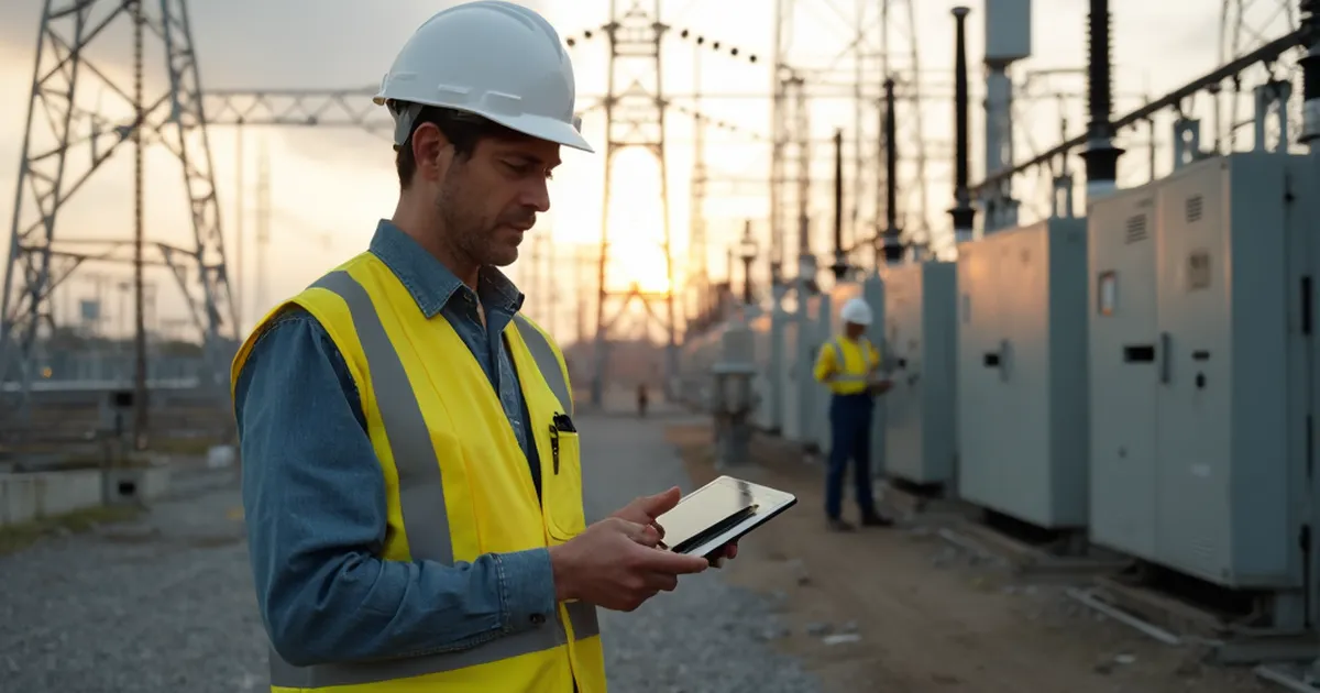 Ingeniero de sistemas de potencia revisa equipos en el patio de una subestación de alta tensión al final de la tarde