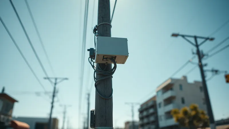 Vista en ángulo bajo de un poste de servicios públicos con un equipo de comunicación de red inteligente instalado en la parte superior, en un entorno urbano latinoamericano.