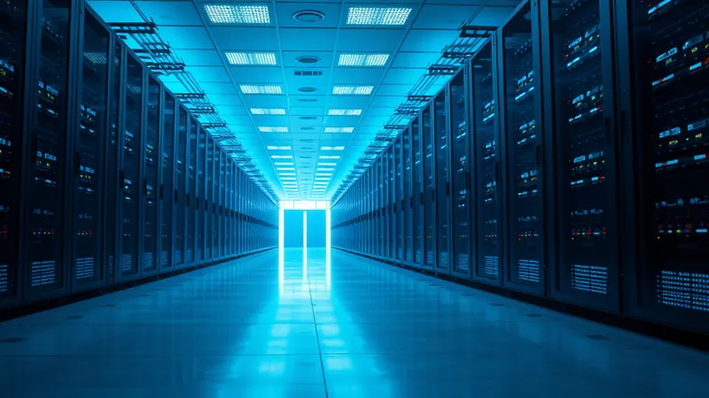 Pasillo de un centro de datos con filas de racks de servidores en perspectiva, bajo una iluminación azul fría y ordenada.
