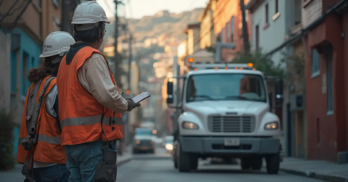 Coordinador de campo de una distribuidora conversa con un liniero junto a un camión de servicio en una calle de ladera de un barrio denso