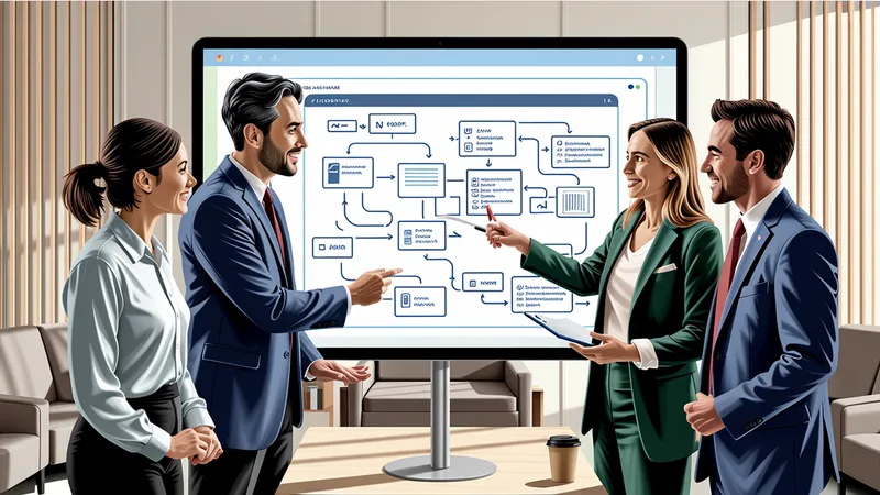 Equipo mixto de negocio y TI de una empresa de servicios públicos revisa junto a una pantalla un diagrama de proceso de principio a fin en una sala de trabajo colaborativa.