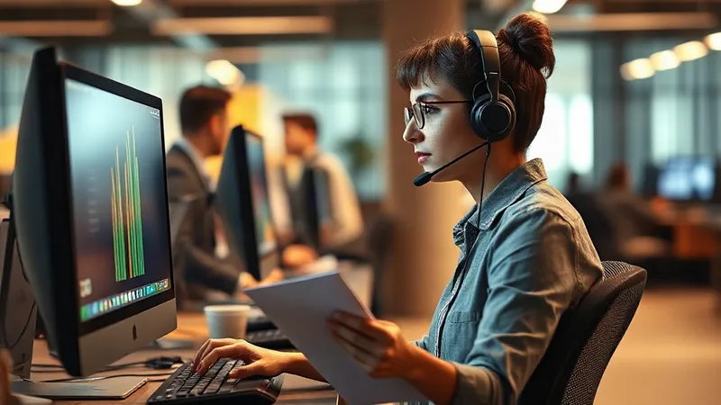 Agente de atención al cliente de una empresa eléctrica latinoamericana atiende una llamada con auriculares mientras revisa un sobre junto a su teclado.
