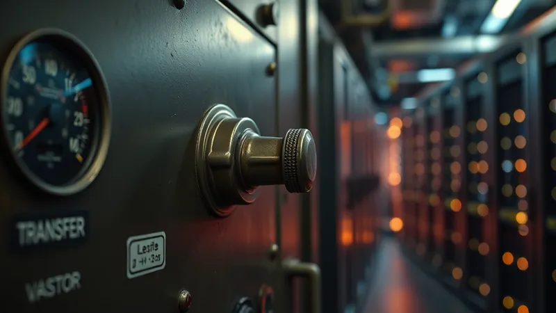 Palanca de un interruptor de transferencia industrial a medio movimiento, con luces difusas de un centro de datos moderno al fondo, simbolizando el cambio de capa de arquitectura