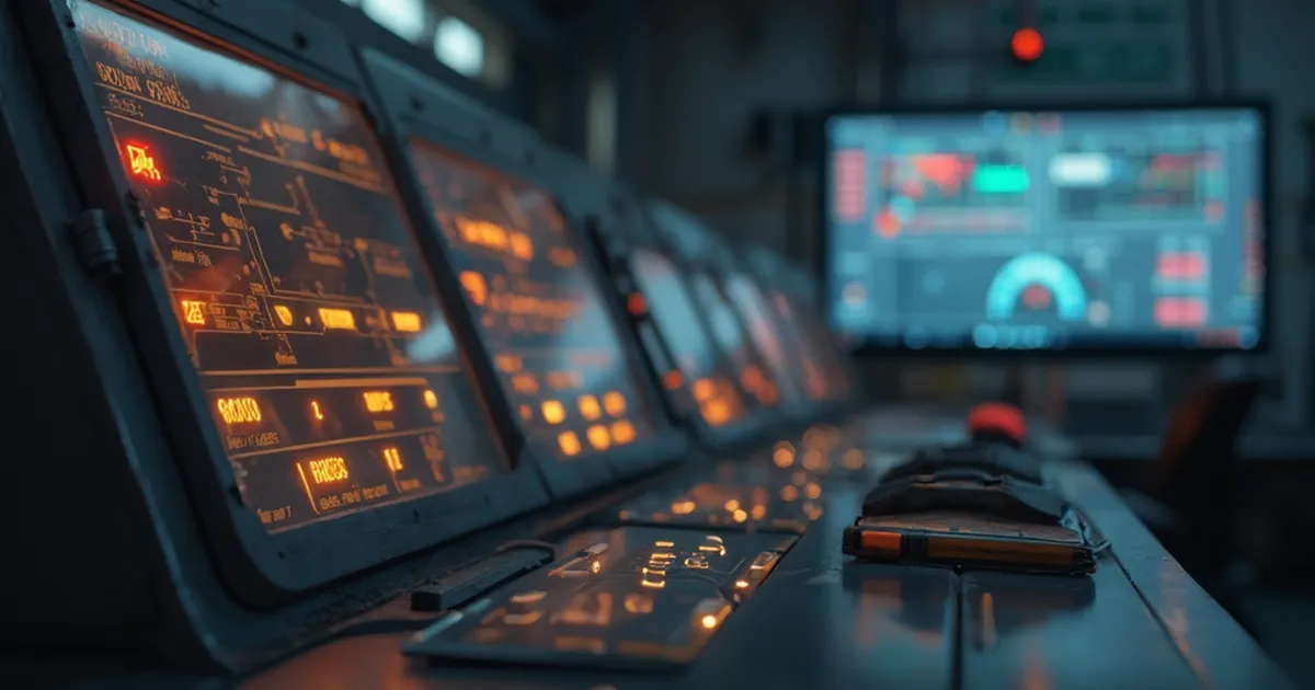 Sala de control de una planta de generación con paneles analógicos junto a una pantalla moderna apagada, dos épocas tecnológicas coexistiendo sin conectarse