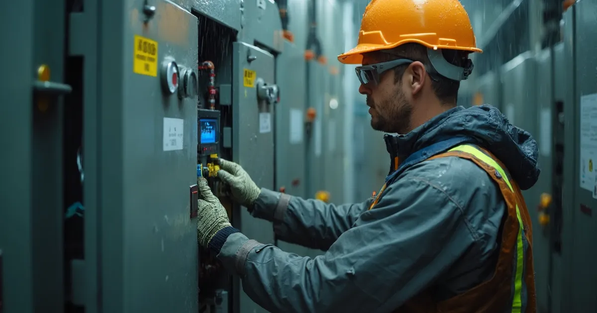 Una persona del área de medición inspecciona un equipo eléctrico en una instalación de distribución.