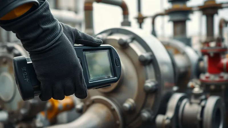 Técnico de instrumentación escanea con un lector portátil la etiqueta de identificación de una bomba en un patín de proceso de oil & gas.