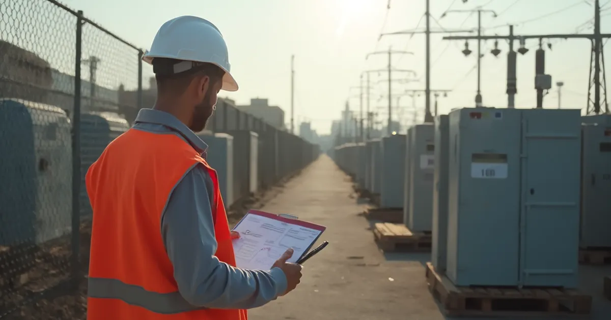 Ingeniero de planificación de una distribuidora eléctrica cuenta gabinetes de medición nuevos en un patio de materiales, con una calle de transformadores de poste al fondo.