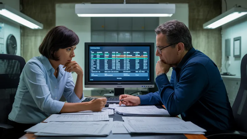 Profesionales de TI y finanzas revisando datos de usuarios SAP en una sala de reuniones con pantalla de sistema ECC al fondo, expresión de preocupación ante cifras inconsistentes