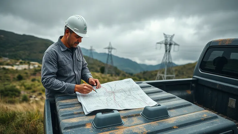 Supervisor de mantenimiento de transmisión marca un tramo en un mapa de ruta sobre el capó de una camioneta, con una hilera de torres de alta tensión que cruza un valle andino al fondo.