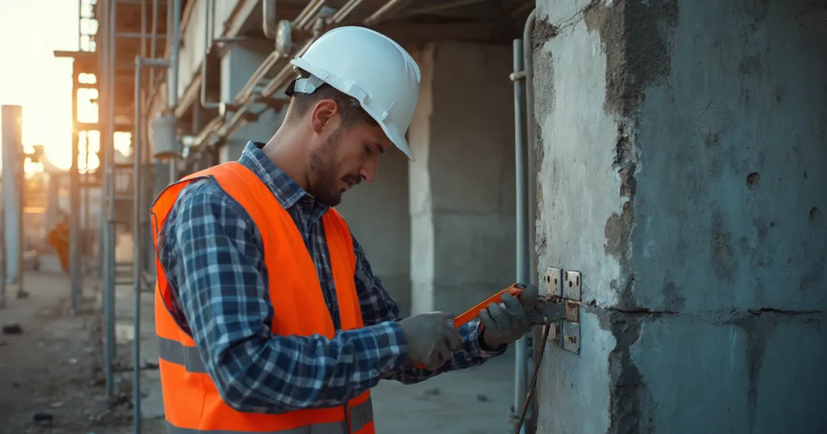 Ingeniero con casco revisa un andamio metálico modular montado sobre la fachada de un edificio industrial existente, con la estructura original visible detrás