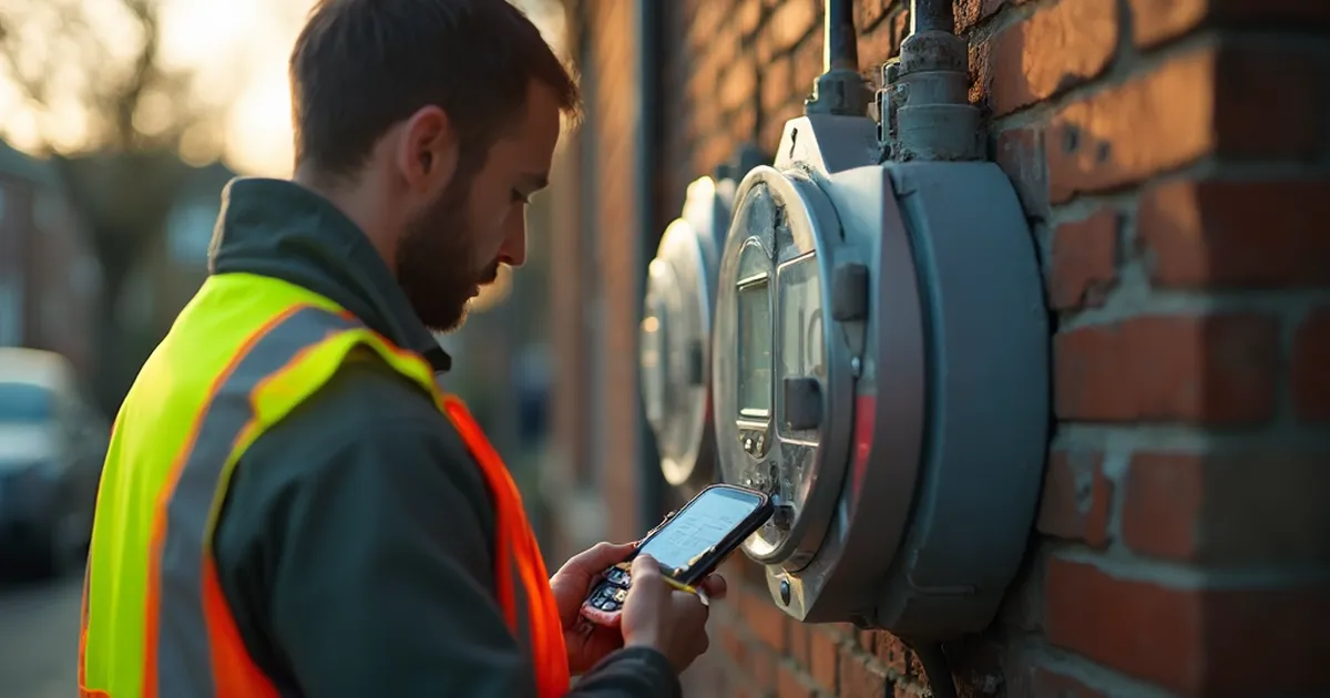 Lecturista con chaleco reflectante anotando una lectura frente a un medidor eléctrico instalado en una pared exterior de ladrillo