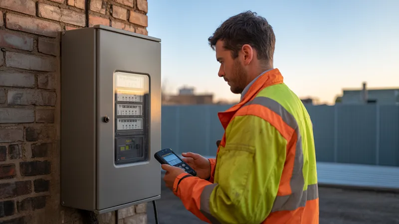 Técnico de campo inspeccionando un gabinete de medidor inteligente AMI en instalación exterior