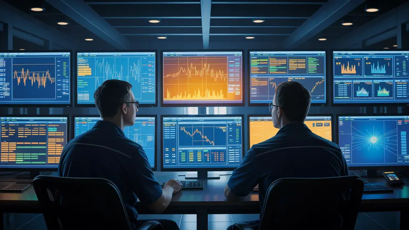 Sala de control de una empresa de servicios públicos con monitores mostrando dashboards de lecturas de medidores en tiempo real
