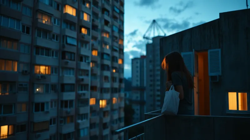 Edificio residencial al anochecer con ventanas iluminadas en distintos momentos y una mujer que enciende la luz de su cocina al llegar a casa.