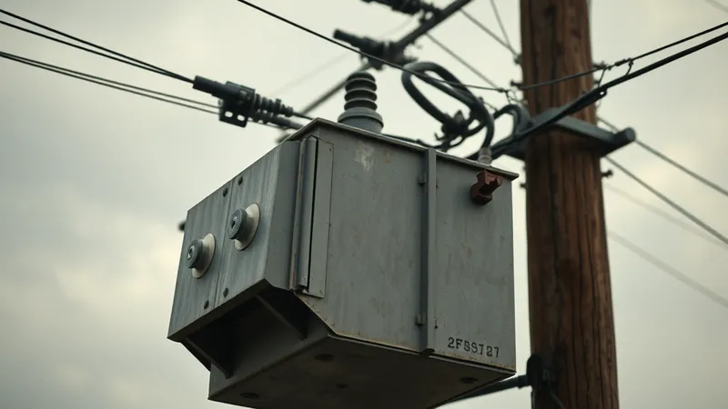 Fotografía de un transformador de distribución eléctrica montado en un poste de madera, con cables aéreos, bajo un cielo nublado de atardecer.