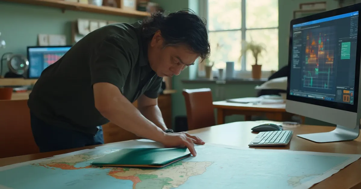 Responsable de protección de datos de una utility coloca carpetas de colores sobre un mapa impreso de América Latina en una mesa de trabajo