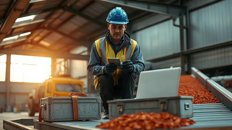 Técnico de instrumentación calibra la báscula de una banda transportadora de mineral en una planta de procesamiento.