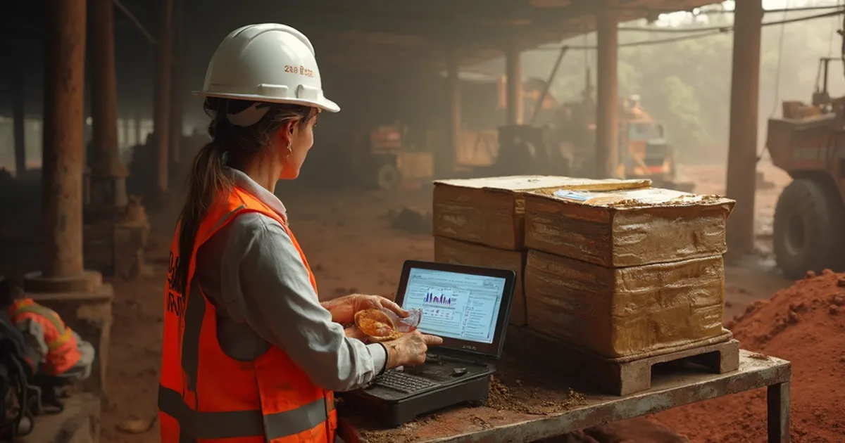 Ingeniera de minas registra el peso de una muestra de mineral en una báscula de campo en una mina venezolana