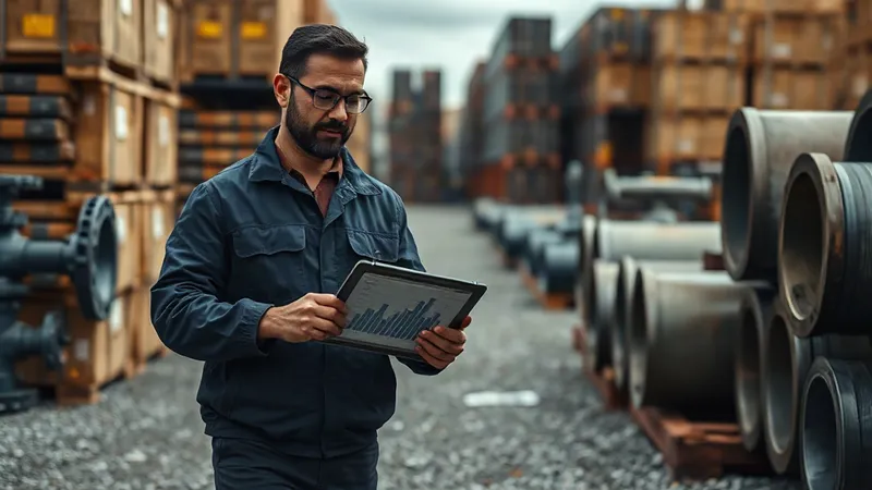 Especialista de compras revisa cajas de válvulas y tuberías apiladas en un patio de suministros petroleros, con una tableta en la mano.