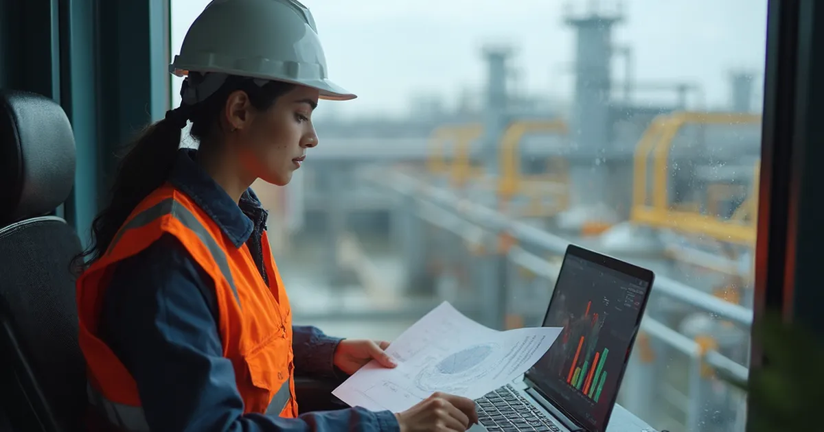 Analista de cumplimiento en una oficina de campo de una terminal de gas contrasta un contrato impreso con indicadores en su computadora portátil