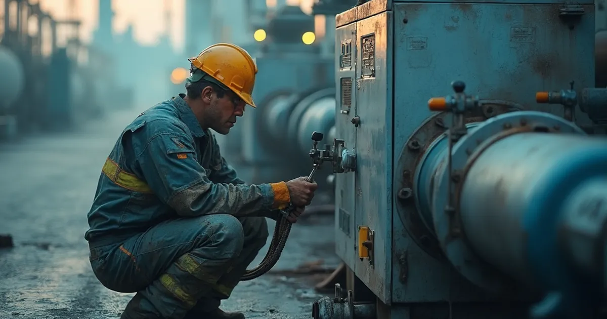 Técnico de instrumentación con casco y overol ajusta un transmisor en un tren de medición de gas en acero inoxidable, en una planta industrial costera al amanecer.