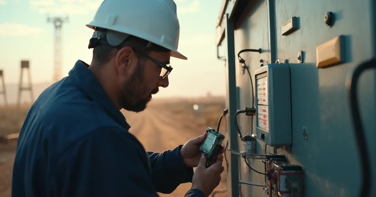 Técnico electricista mide la carga del tablero de una bomba electrosumergible en un campo petrolero al atardecer