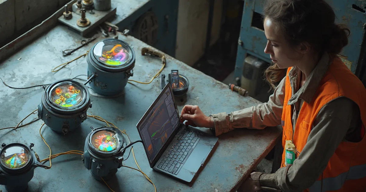 Ingeniera de medición ordena distintos modelos de medidores eléctricos sobre una mesa de trabajo técnico