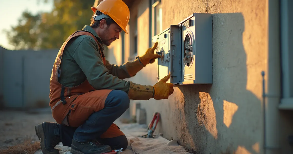 Técnico electricista con casco instala un medidor bidireccional en el tablero exterior de una vivienda, con herramientas ordenadas sobre un paño en el piso