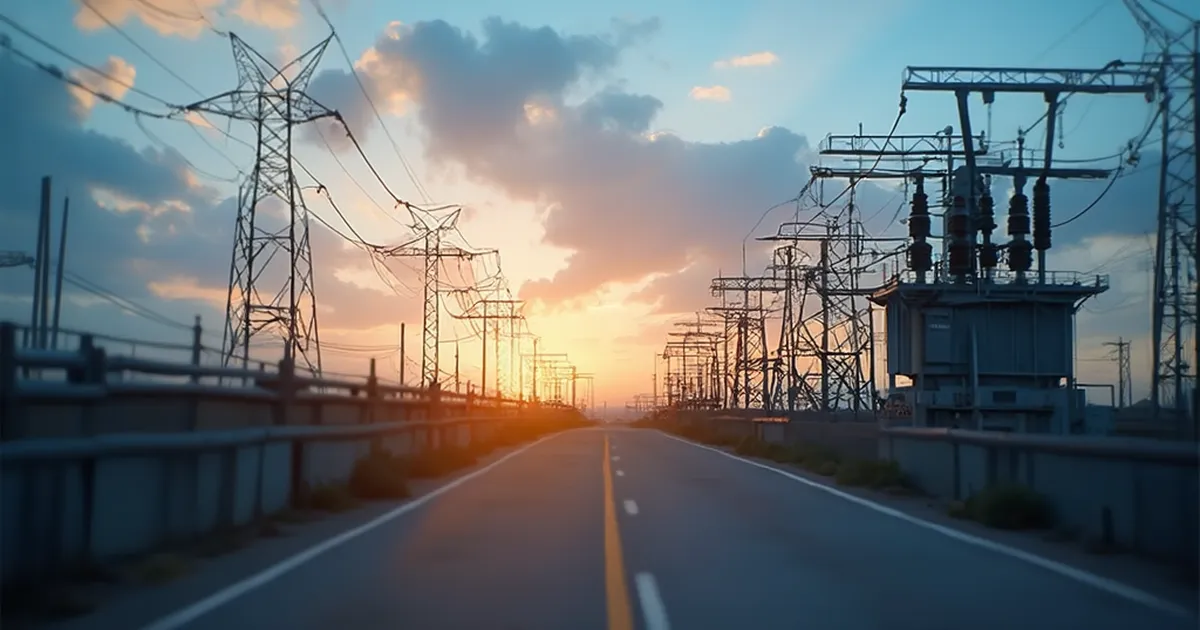 Subestación eléctrica de distribución con transformadores de gran tamaño rodeados de cercas de seguridad, cielo despejado, plano amplio, sin personas