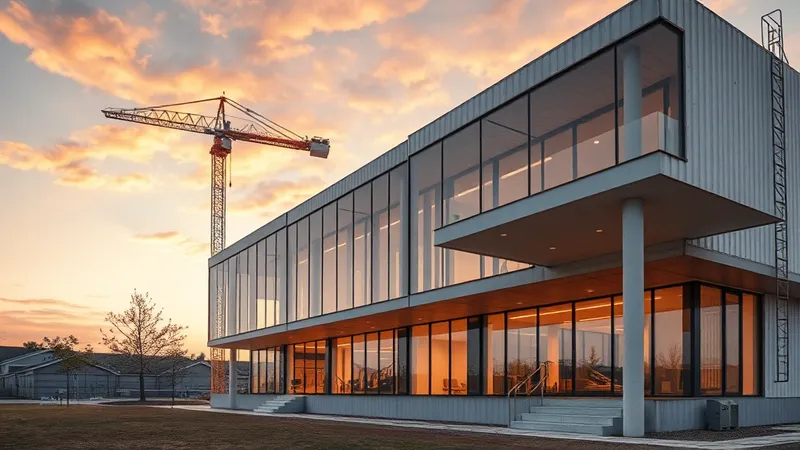 Estructura modular construida en paralelo a un edificio terminado sin alterarlo, como metáfora de extensión junto al núcleo.