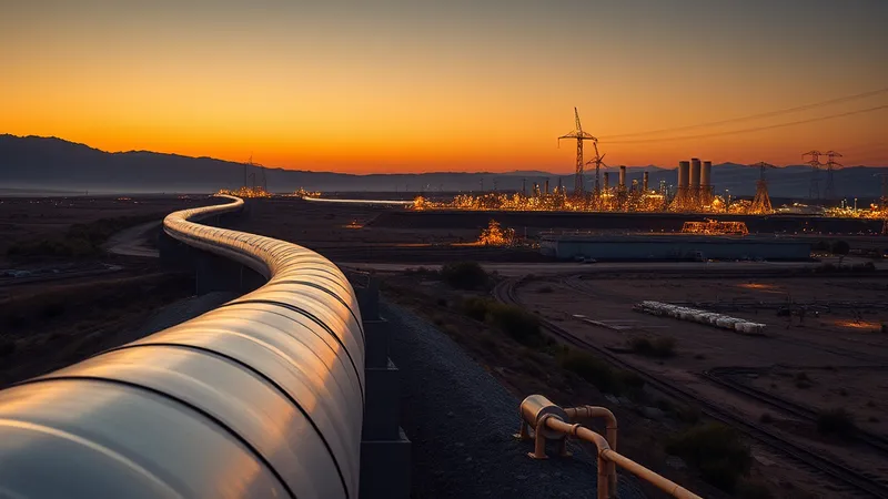 Ducto de gas midstream y subestación eléctrica de transmisión en un paisaje latinoamericano al atardecer.